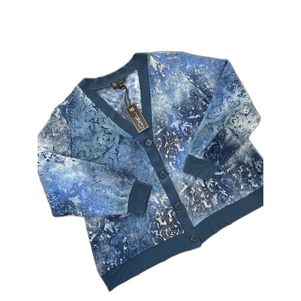 DG2 Diane Gilman Blue Abstract Jacquard Cardigan Textured Button Front 1X NWT